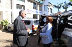 KISFF Chairman Aasif Karim welcomes CAS ICT Broadcasting and Telecommunications Ms. Maureen Mbaka to Aristocrats House for the opening ceremony
