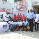 Students from Alliance Francaise, Mombasa take a photo with French Ambassador H.E Arnaud Suquet, KISFF Chairman Aasif Karim and Alliance Francaise Mombasa Director Lucas Malcor during the 2024 KISFF